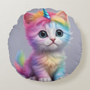 Rainbow Unicorn Kitten Rund Kudde