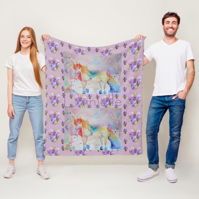 Rainbow Unicorn Lila Blommigt Pansy Fleece Blanket (På plats)