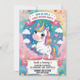 Rainbow Unicorn Magic 3rd Birthday Unicorn Inbjudningar
