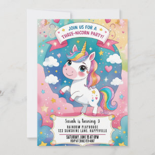 Rainbow Unicorn Magic 3rd Birthday Unicorn Inbjudningar