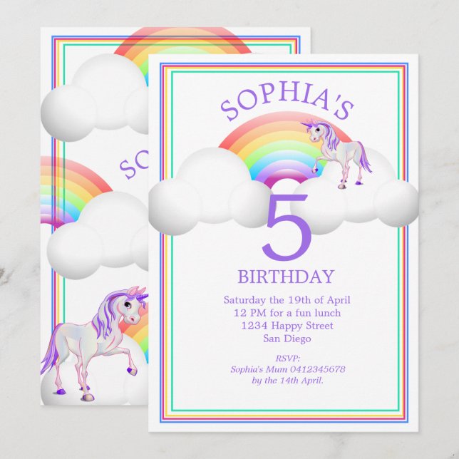 Rainbow Unicorn Magic Cute Birthday Inbjudningar (Fram/baksida)