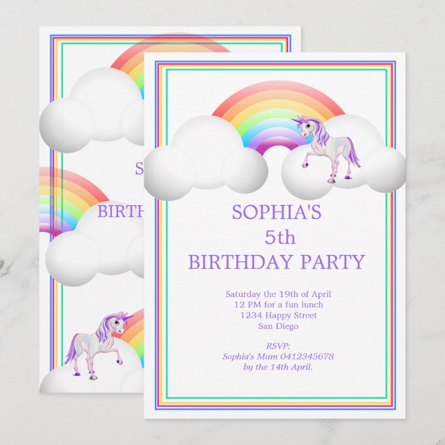 Rainbow Unicorn Magic Cute Birthday Inbjudningar (Fram/baksida)