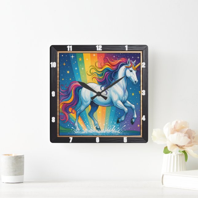 Rainbow Unicorn Magic Fantasy Fyrkantig Klocka (Hem)