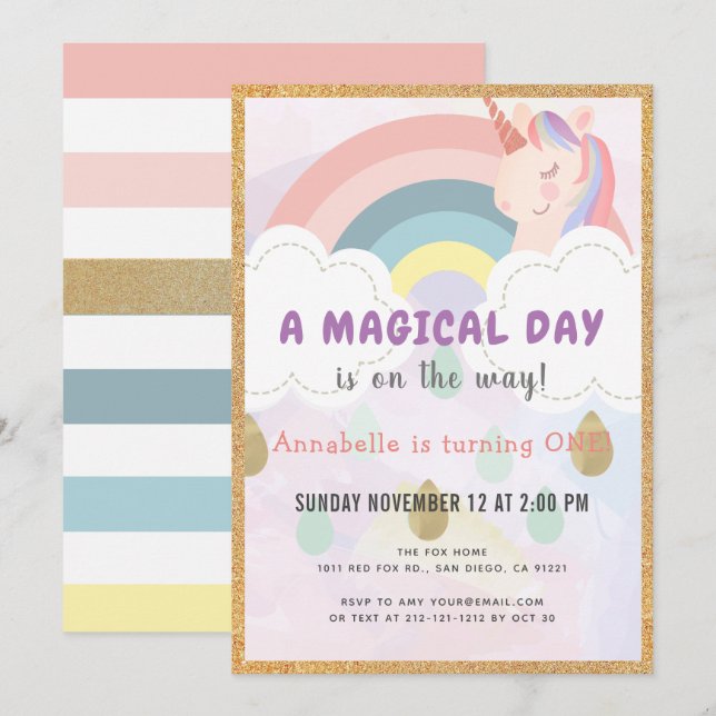 Rainbow & Unicorn Magic Guld Birthday Inbjudningar (Fram/baksida)