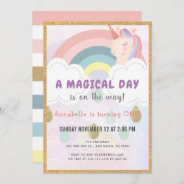 Rainbow & Unicorn Magic Guld Birthday Inbjudningar