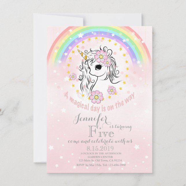 Rainbow Unicorn Magic Guld Rosa Birthday Card Inbjudningar (Framsida)