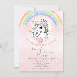 Rainbow Unicorn Magic Guld Rosa Birthday Card Inbjudningar