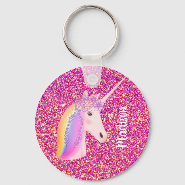 Rainbow Unicorn Magic Rosa Glitter Personlig Nyckelring (Framsida)