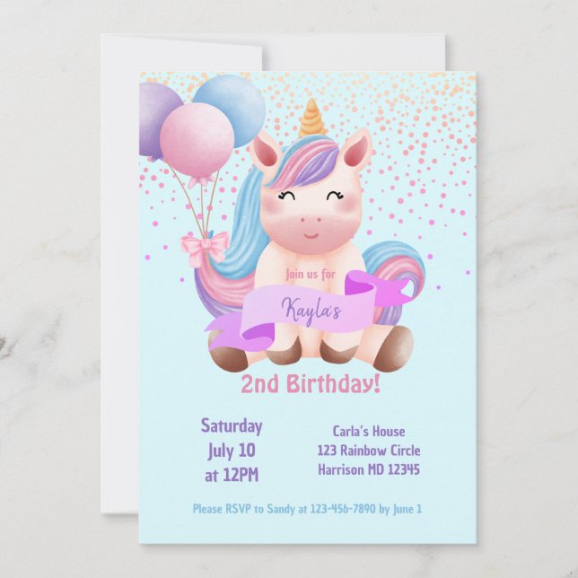 Rainbow Unicorn Magic Second Birthday Inbjudningar (Framsida)