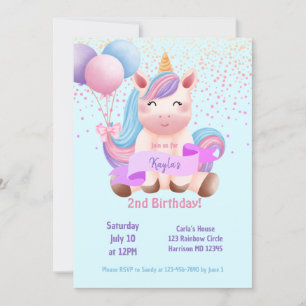 Rainbow Unicorn Magic Second Birthday Inbjudningar