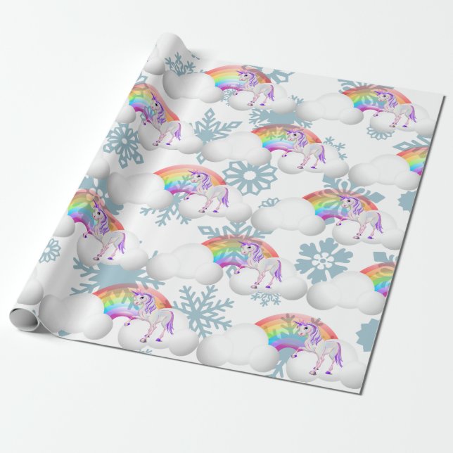 Rainbow Unicorn Magic Snö Flakes Cute Presentpapper (Utrullad)