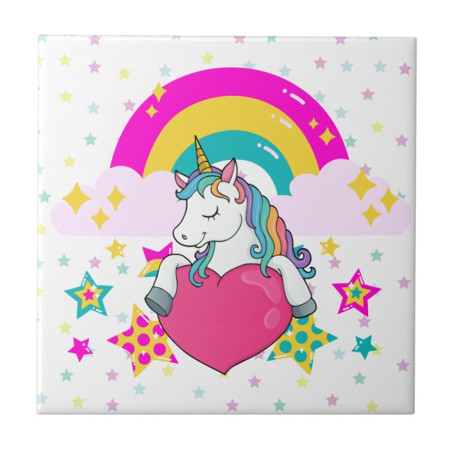 Rainbow Unicorn med Stars Kakelplatta (Framsidan)