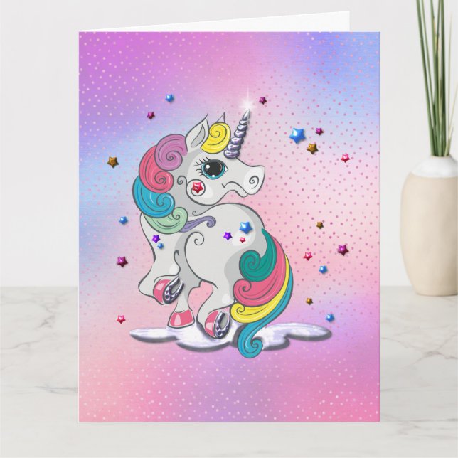 Rainbow Unicorn och Stars Birthday Kort (Framsida)