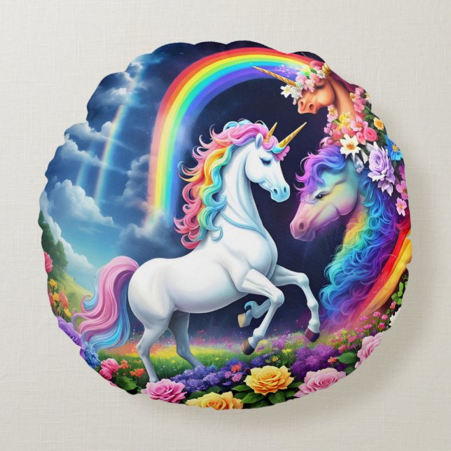 Rainbow Unicorn One Rund Kudde (Framsidan)