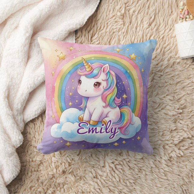 Rainbow Unicorn på Cloud Editable Namn Pillow Kudde (Filt)