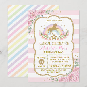 Rainbow Unicorn Party Birthday Inbjudan Rosa Blomm