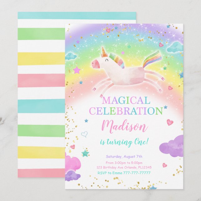Rainbow Unicorn Party-inbjudan Inbjudningar (Fram/baksida)