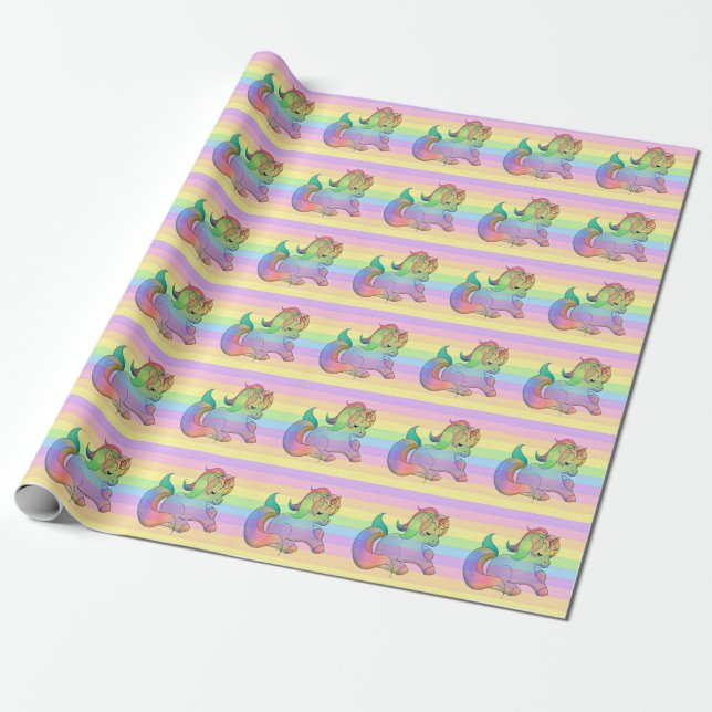 Rainbow Unicorn Pastel Stripe Presentpapper (Utrullad)