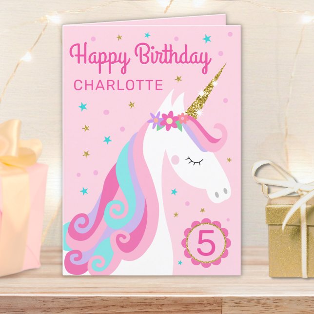 Rainbow Unicorn Personlig Age Rosa Birthday Kort (Skapare uppladdad)