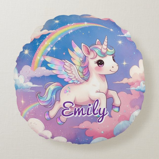 Rainbow Unicorn Personlig Round Pillow Rund Kudde (Framsidan)