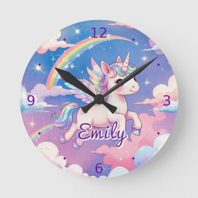 Rainbow Unicorn Personlig Wall Clock Rund Klocka (Framsida)