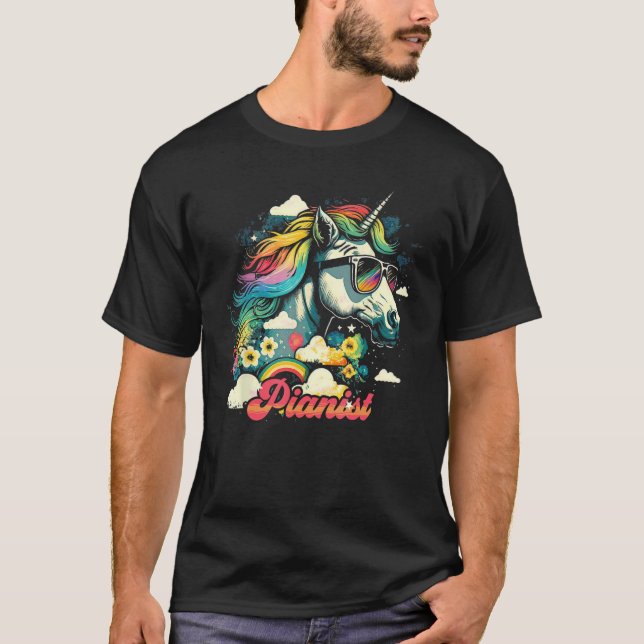 Rainbow Unicorn Pianist Piano T Shirt (Framsida)