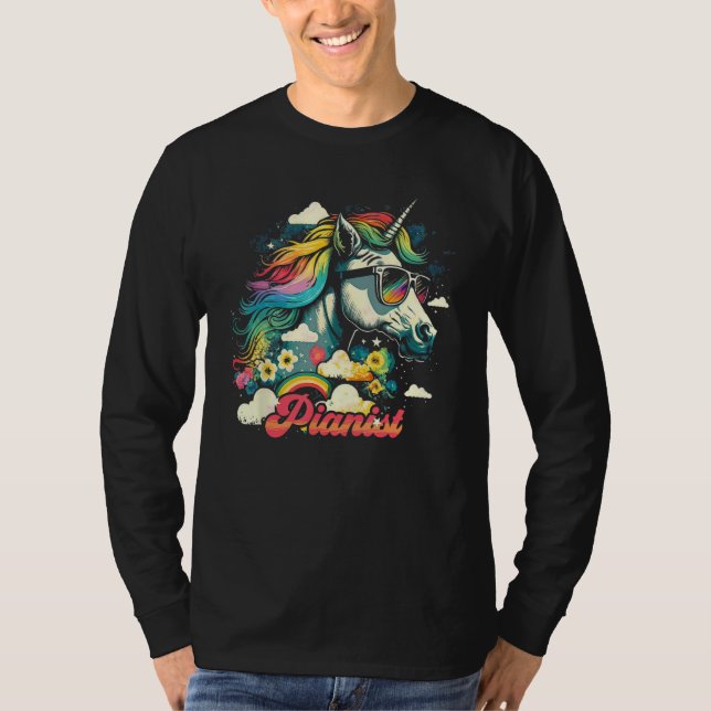 Rainbow Unicorn Pianist Piano T Shirt (Framsida)
