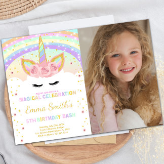 Rainbow Unicorn-postkort med foto Inbjudningar