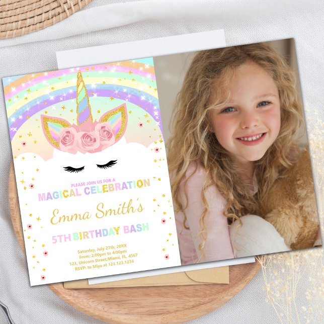 Rainbow Unicorn-postkort med foto Inbjudningar (Rainbow Unicorn post Cards with photo)