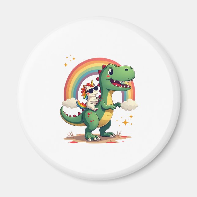 Rainbow Unicorn Riding T rex - Dinosaur Boys Girls Magnet (Framsidan)