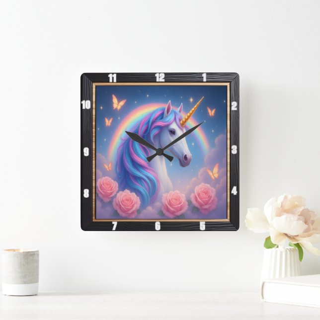 Rainbow Unicorn Ro Butterfly Fyrkantig Klocka (Hem)
