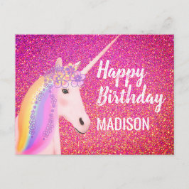 Rainbow Unicorn Rosa Faux Glitter Birthday Vykort