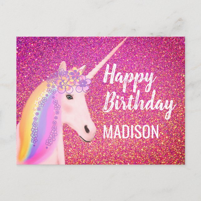 Rainbow Unicorn Rosa Faux Glitter Birthday Vykort (Framsida)