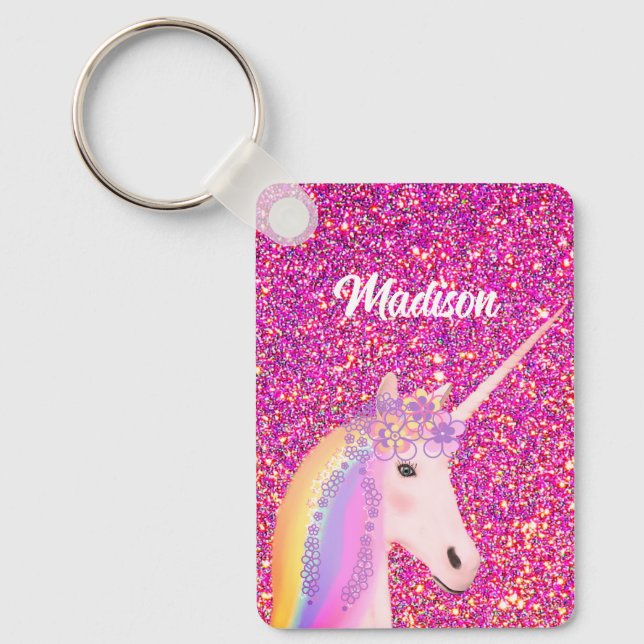 Rainbow Unicorn Rosa Glitter Fantasy Personlig Nyckelring (Framsida)