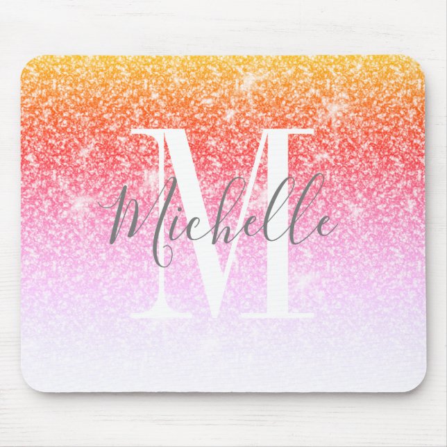 Rainbow Unicorn Rosa Glitter Gnistra Monogram Namn Musmatta (Framsidan)
