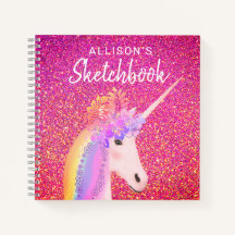 Rainbow Unicorn Rosa Glitter Sketchbook med Namn