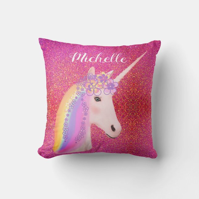 Rainbow Unicorn Rosa Glitter Sparkles Personlig Kudde (Framsida)
