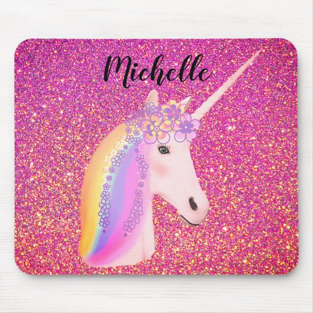 Rainbow Unicorn Rosa Glitter Sparkles Personlig Musmatta (Framsidan)