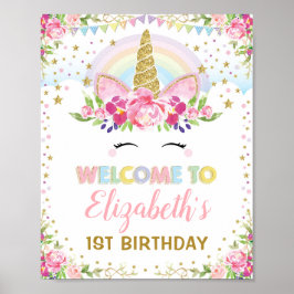Rainbow Unicorn Rosa Guld Blommigt Birthday Välkom Poster