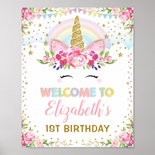 Rainbow Unicorn Rosa Guld Blommigt Birthday Välkom Poster (Framsidan)
