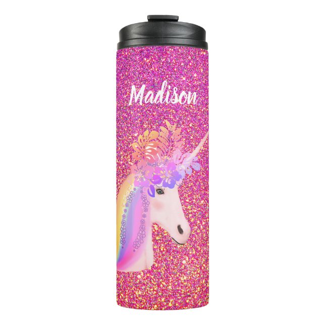 Rainbow Unicorn Rosa Guld Glitter Blommigt Namn (Framsida)