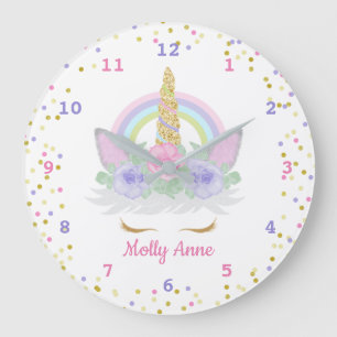 Rainbow Unicorn Rosa, Lila & Guld Confetti Dots Stor Klocka