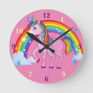 Rainbow Unicorn Rosa Nursery Wall Clock Rund Klocka
