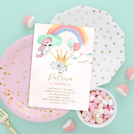 Rainbow Unicorn rosa och guld flick kalas Inbjudningar