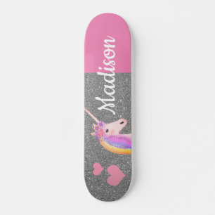 Rainbow Unicorn Rosa Silver Glitter Personlig Mini Skateboard Bräda 18,5 Cm