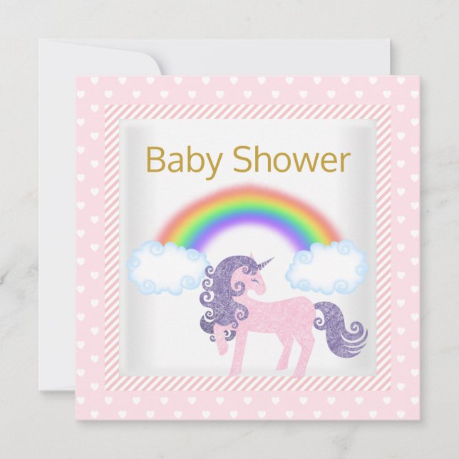 RAINBOW UNICORN ROSA WHITE BABY SHOWER-INBJUDANDE INBJUDNINGAR (Framsida)