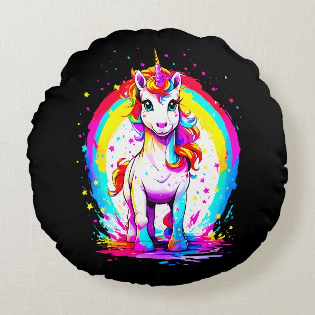 Rainbow unicorn rund kudde (Framsidan)