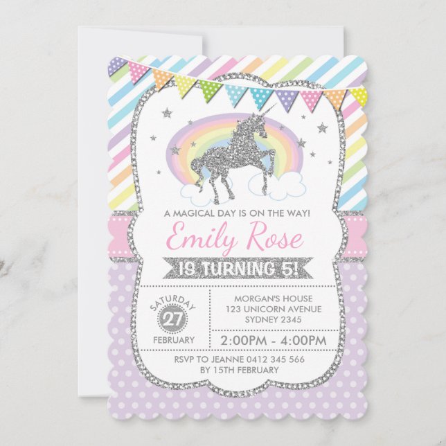 Rainbow Unicorn Silver Rosa Födelsedagsfest Inbjud Inbjudningar (Framsida)