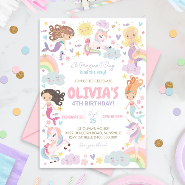 Rainbow Unicorn Sjöjungfru Birthday-inbjudan Inbjudningar (Rainbow Mermaid Unicorn Invitation)