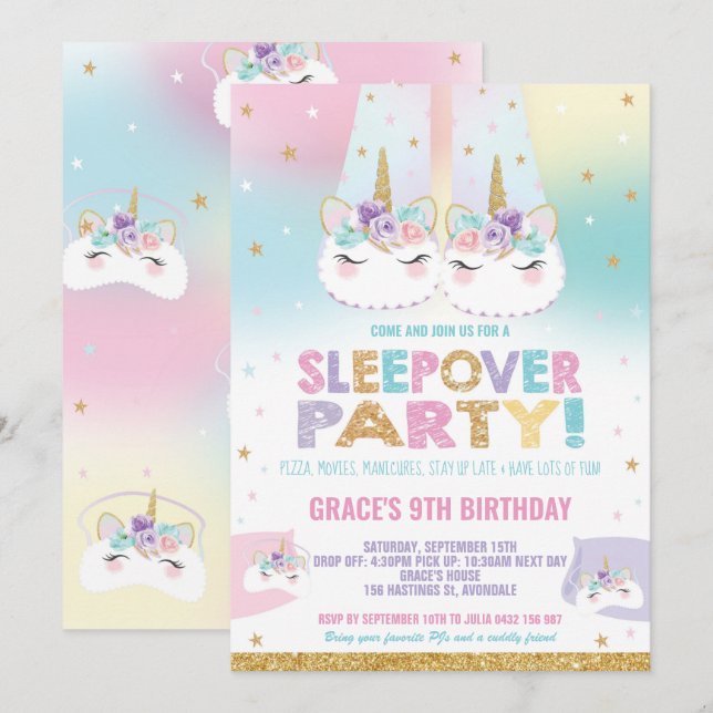 Rainbow Unicorn Sleepover Födelsedagsfest Pajama Inbjudningar (Fram/baksida)
